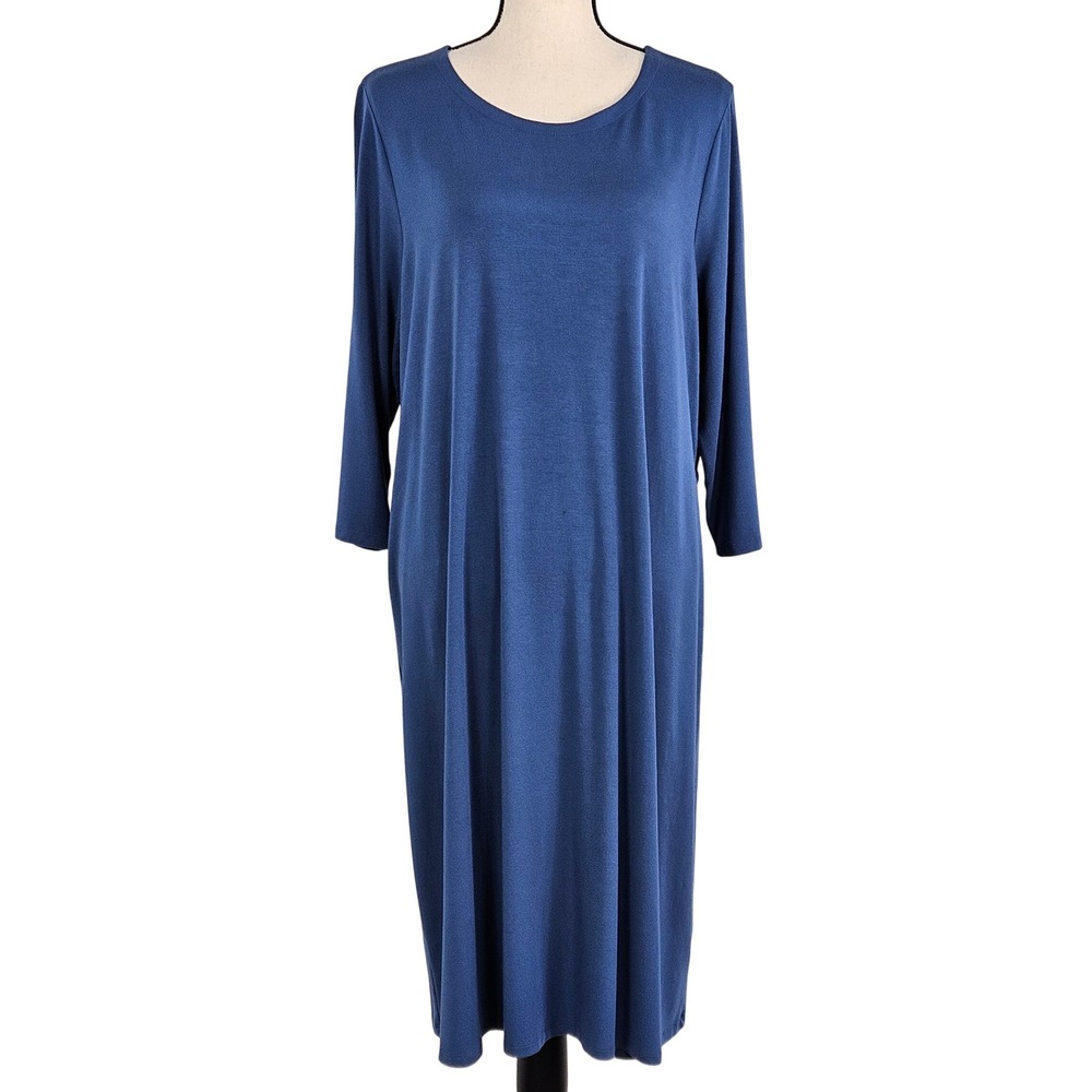 Eileen Fisher‎ Womens Blue Viscose Jersey Dress XL 3/4 Sleeve Back Tie Midi